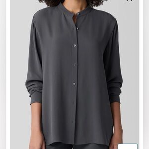 EILEEN FISHER | georgette Silk mandarin collar Button Down Blouse size large